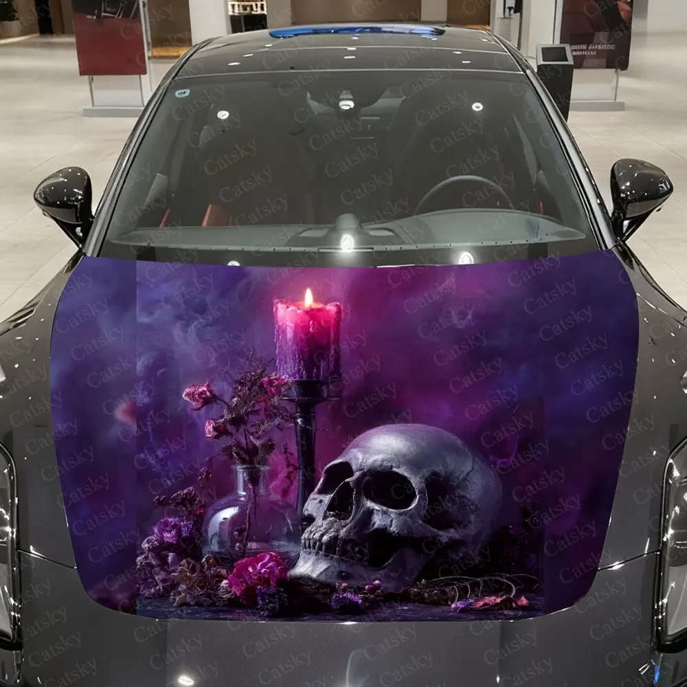 Purple Flame Skull Car Hood Sticker-Durable Vinyl Film, Splash Proof And Easy To Remove, Suitable For All Car Models-Car Parts G