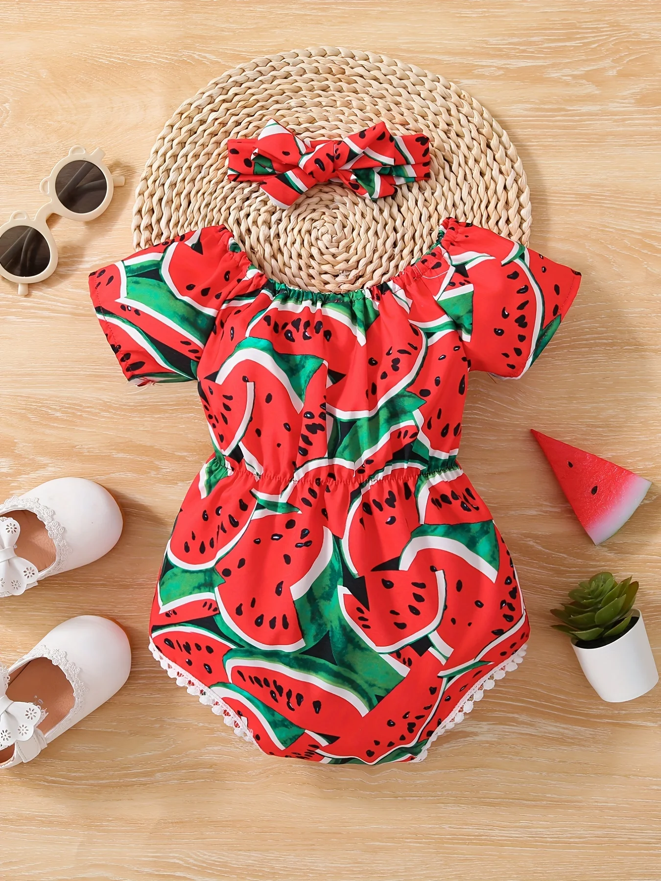 Summer Short sleeved Baby Girls\' Watermelon Printed Baby Clothing Bodysuits Onesie+Cute Casual Girl Dress with Headband