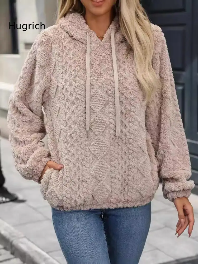 Women Relaxed Fit Pink Hooded Pullover Long Sleeve Knit Texture Daily Comfort Home Wear Warm Lining Autumn Fashion Ready