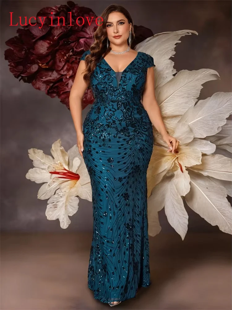 Lucyinlove Plus Size Elegant V-back Evening Dresses Women Luxury Mermaid Formal Sequins V-neck Prom Wedding Party Cocktail Gowns