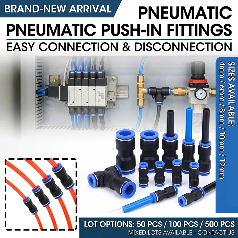 50/100/500 PCS Pneumatic Push-in Straight Reducer Fitting, Air Hose Tube Connector for PU Pipe OD 4/6/8/10/12/14mm Quick Union