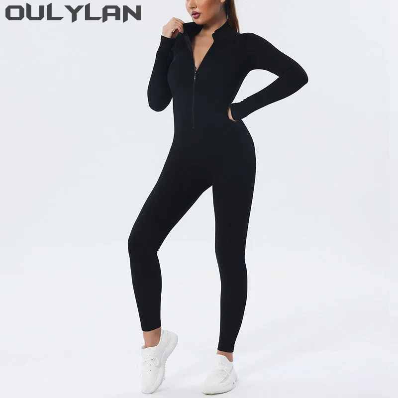 Oulylan All-in-one Long Sleeve Sportswear Sports Suits Bodysuit Zipper One Piece Yoga Set Women Gym Clothes Fitness Workout Set