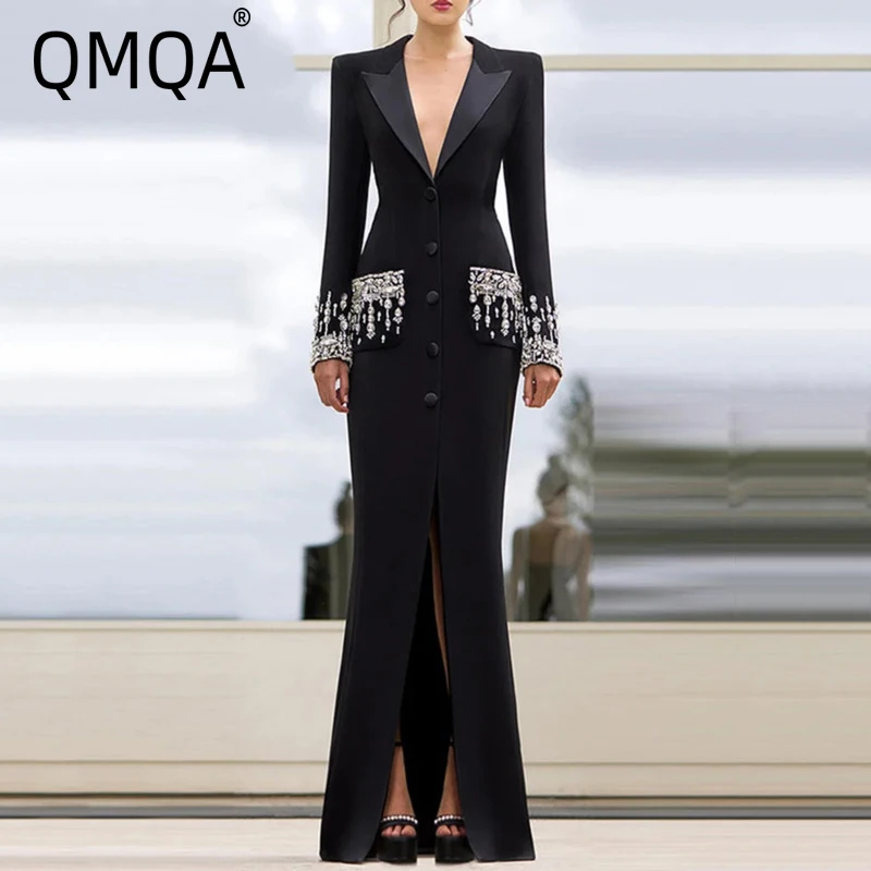 

QMQA Fashion Women's Elegant Long Dress With Concave Beads Diamond Splicing High Waist Banquet Dresses Autumn New Clothing 1A184