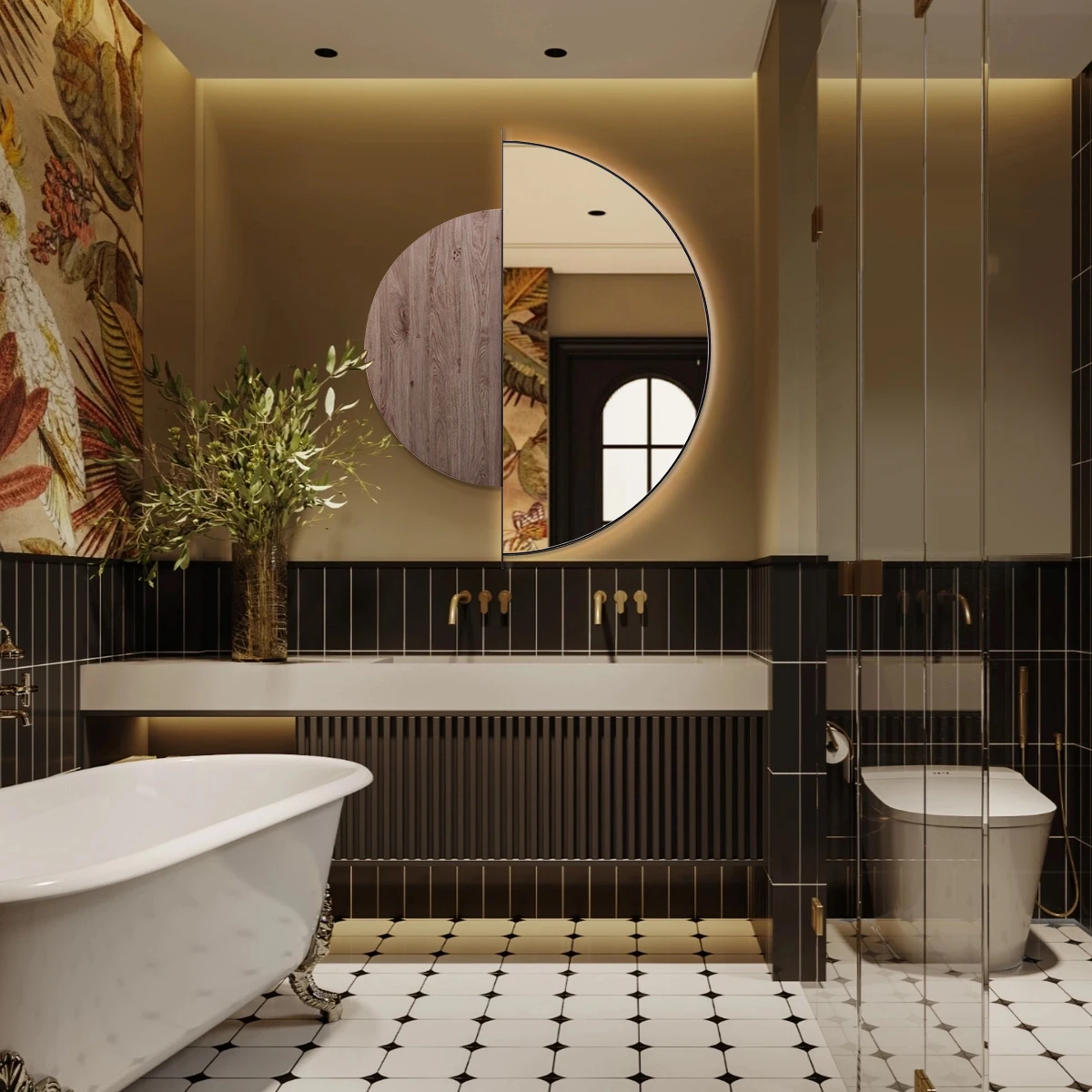 Modern Irregular Decorative Hotel Bathroom Wall Mounted LED Illuminated Vanity Mirror Set Digital Display Gold Metal Frame
