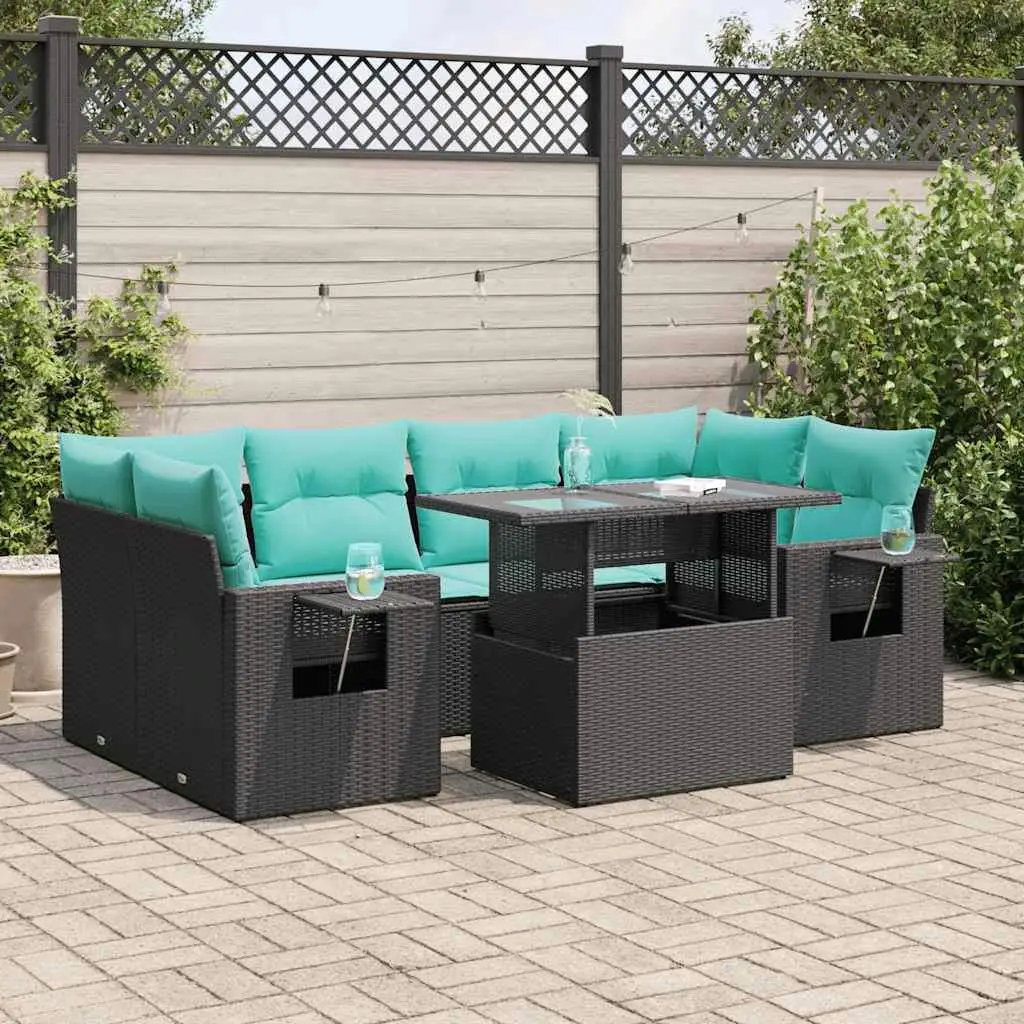 

7 Piece Outdoor Patio Sofa Set with Brown Cushions and Poly Rattan Acacia Furniture