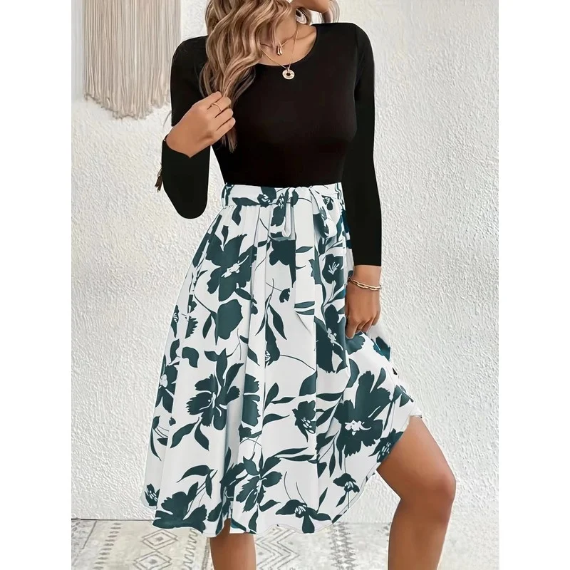 T-shirt rond Ne Long Sve pour femmes, dr moderne, taille moyenne, jupe trapèze, tissu Polyester, basique, printemps automne