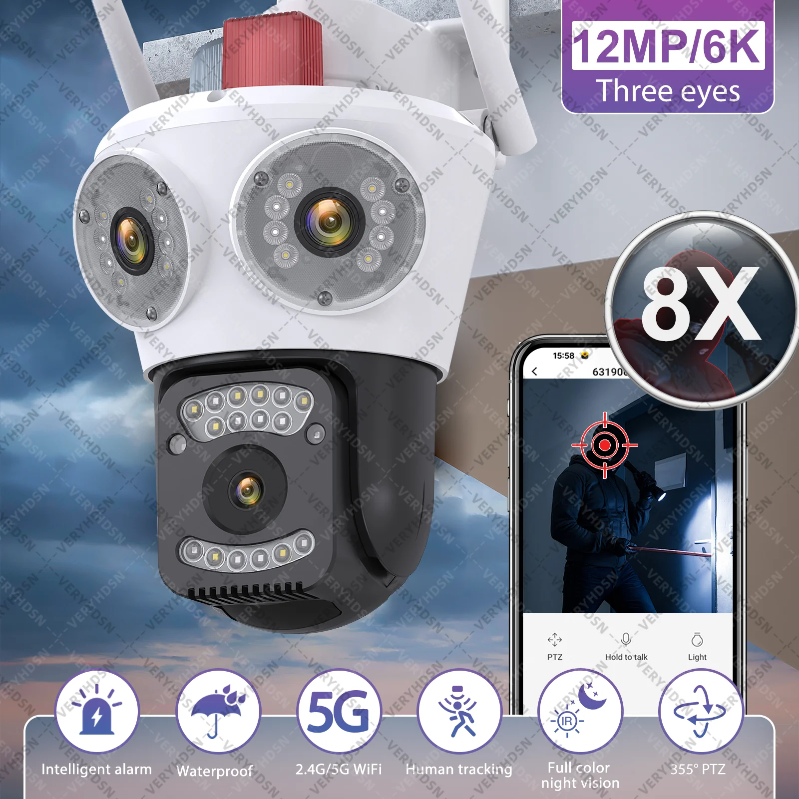 5G Three Lens PTZ IP Camera Outdoor 6K HD Dual Screen WiFi Security Camera Auto Tracking 4K Dual Len Wirelss CCTV Camera O-Kam