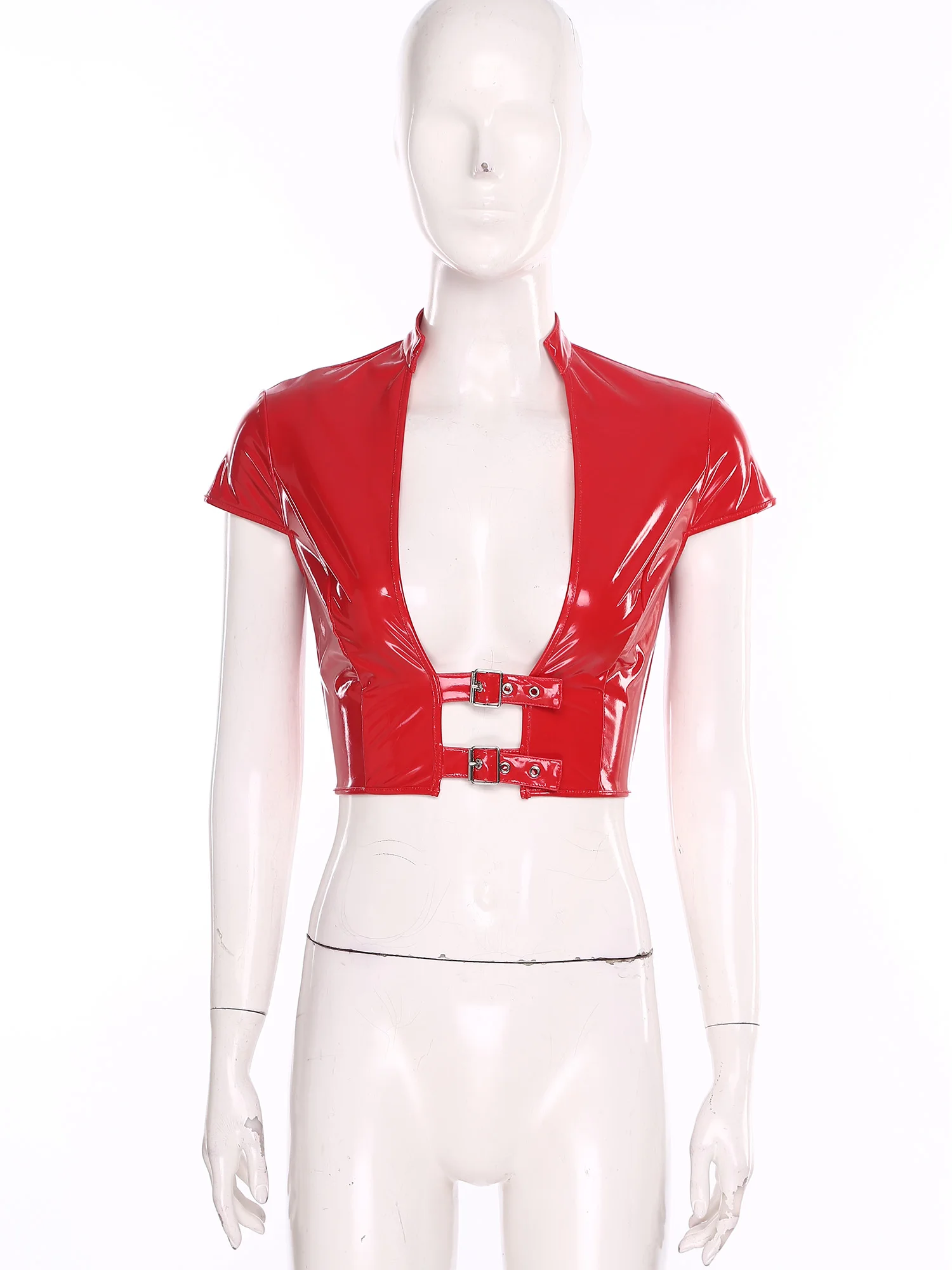 

Women Latex Leather Crop Corset with Adjustable Buckles Wet Look Stage Raves Party Cap Sleeve Open Front Mini Shirts Clubwear