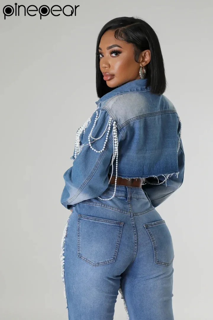 PINEPEAR 2025 Spring New Fashion Women's Pearls Chain Handmade Beading Denim Jacket Single Breasted Short Coat Female Trendy