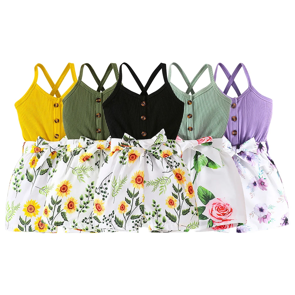 

Summer Fashion Girls Pitted Solid Color Pit Strap Patchwork Flower Print Jumpsuit Waist Belt Two-piece Set Children Sets