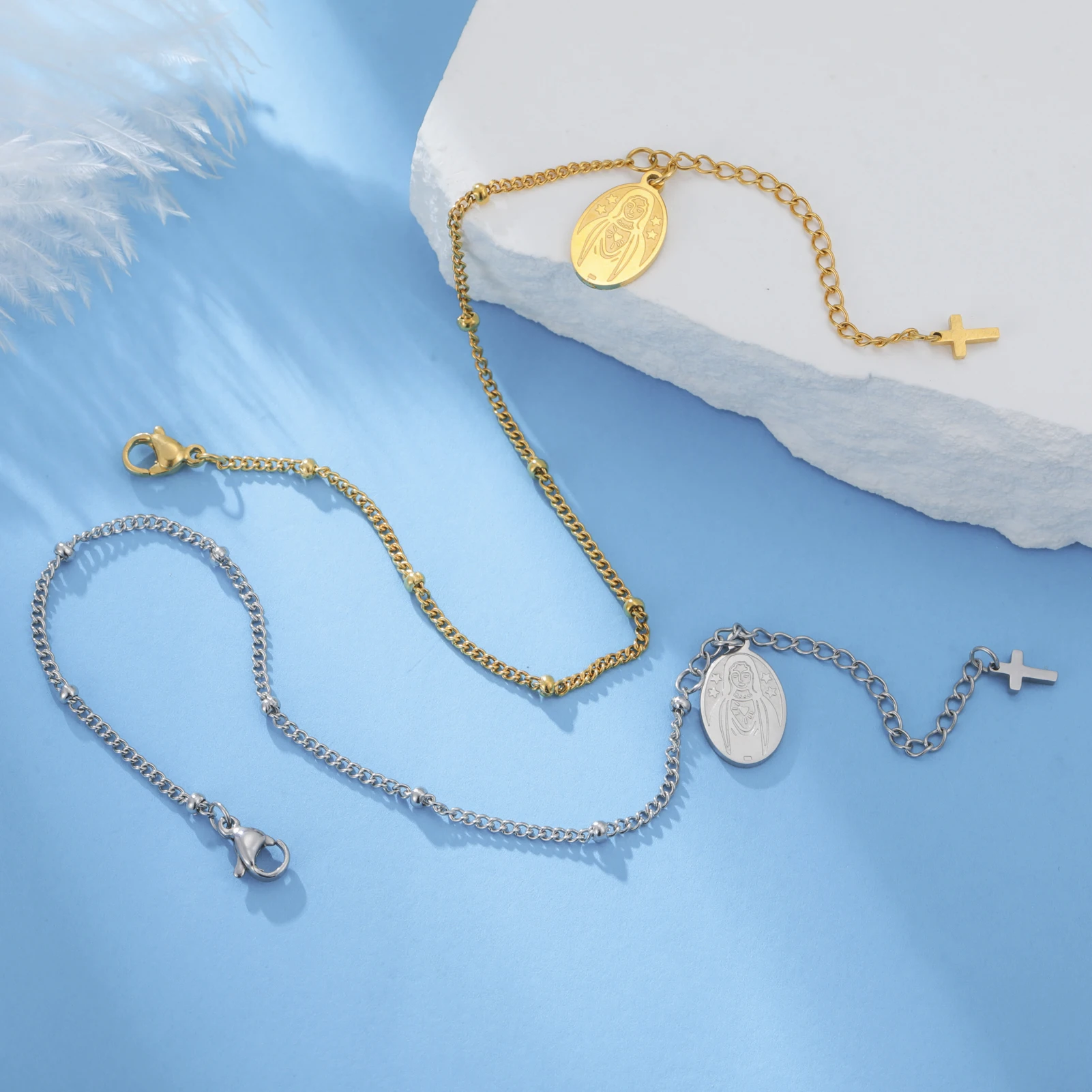 1pc Virgin Cross Stainless Steel Bracelet Gold Steel Elliptical Statue Pendant Ornament Men Women Religious Retro Jewelry Gift