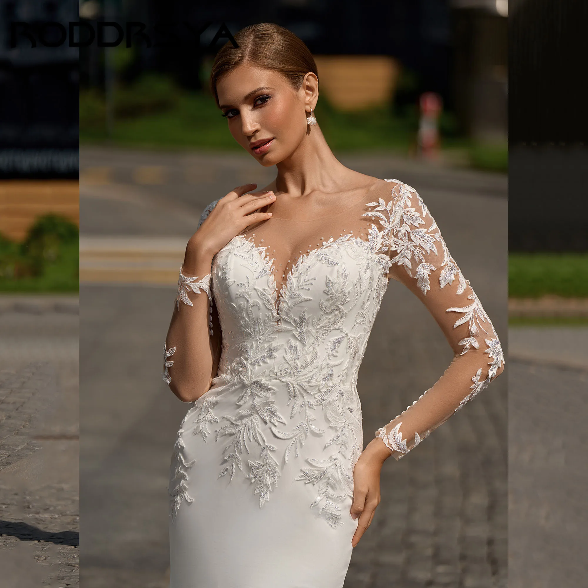 RODDRSYA Mermaid Classic Bride Dress Long sleeves Chiffon Appliques Wedding Gowns Elegant Back Button robe de mariée Customized image 3