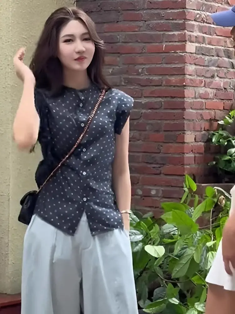 

Уникальная красивая женская блузка в горошек с воротником-стойкой, свободного кроя, летняя новинка, корейский стиль, дышащий топ