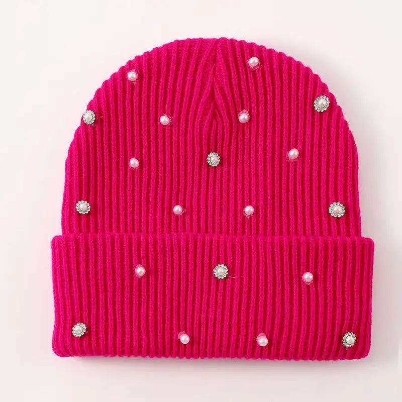 New autumn and winter starry rhinestone knitted beanie for women, with rolled edges, warm woolen pullover hat, trendy hat