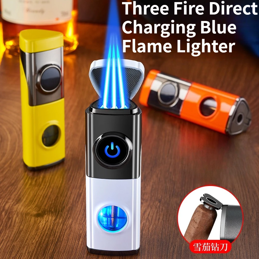 

NEW Creative Touch Sensing Blue Light Airway Three Direct Blue Flame Cigar Lighter with Cigar Diamond Knife Tool