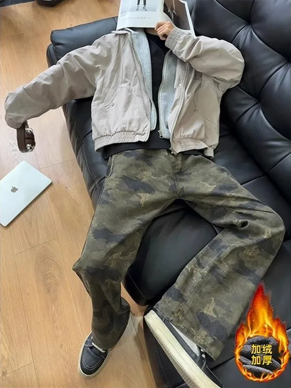 

Retro American Camouflage Thiened Fce Narrow Straight Leg Men's Jeans Autumn Winter Faion Brand Distred Flared Trou...