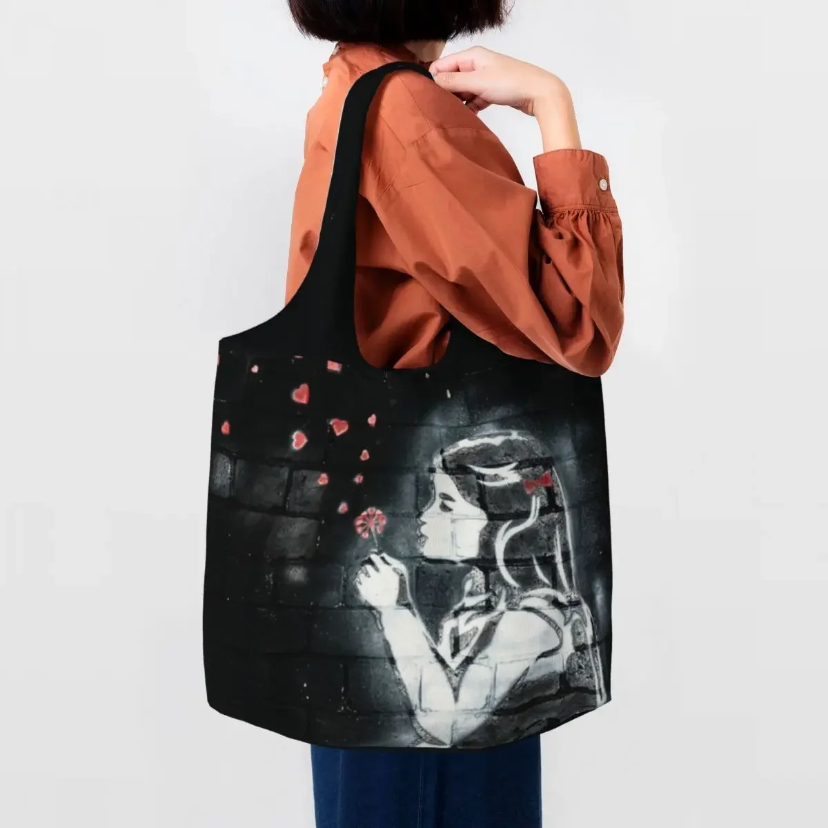 Reusable Girl Blowing Hearts By Banksy Shopping Bag Shoulder Canvas Tote Bag Portable Graffiti Street Art Groceries Shopper Bags