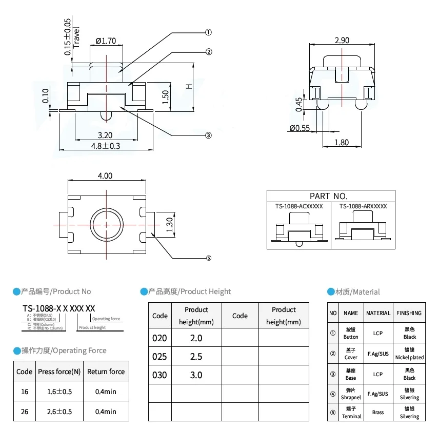 10 PZ/TS-1088-AC02016(4X3X2) TS-1088-AC02516(4X3X2.5) TS-1088-AC03016(4X3X3) Interruttore tattile