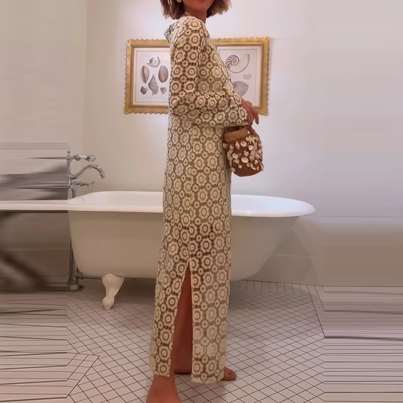 

Повседневное длинное платье с длинными рукавами и боковыми разрезами, весеннее модное платье с принтом, летнее элегантное женское длинное платье с круглым вырезом