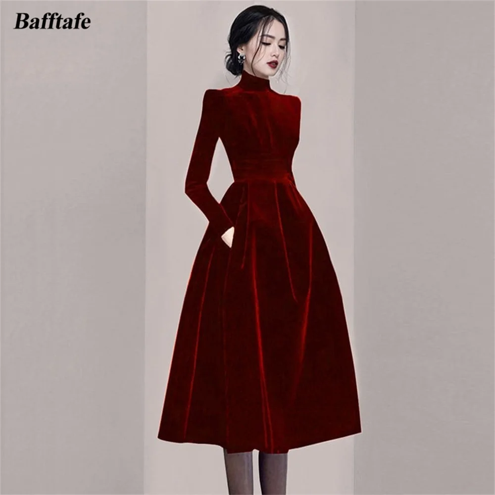 

Bafftafe Simple Velour Korea Women Outfit Short Prom Dresses A Line Long Sleeves High Neck Formal Homecoming Gowns With Pockets