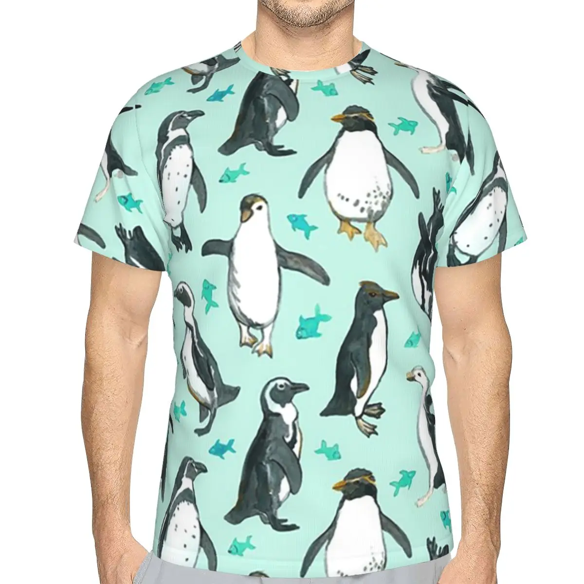 Lots Of Little Penguins On Mint 100% Cotton T-Shirt Men'sFashion T Shirts Men Crew Neck Short Sleeve