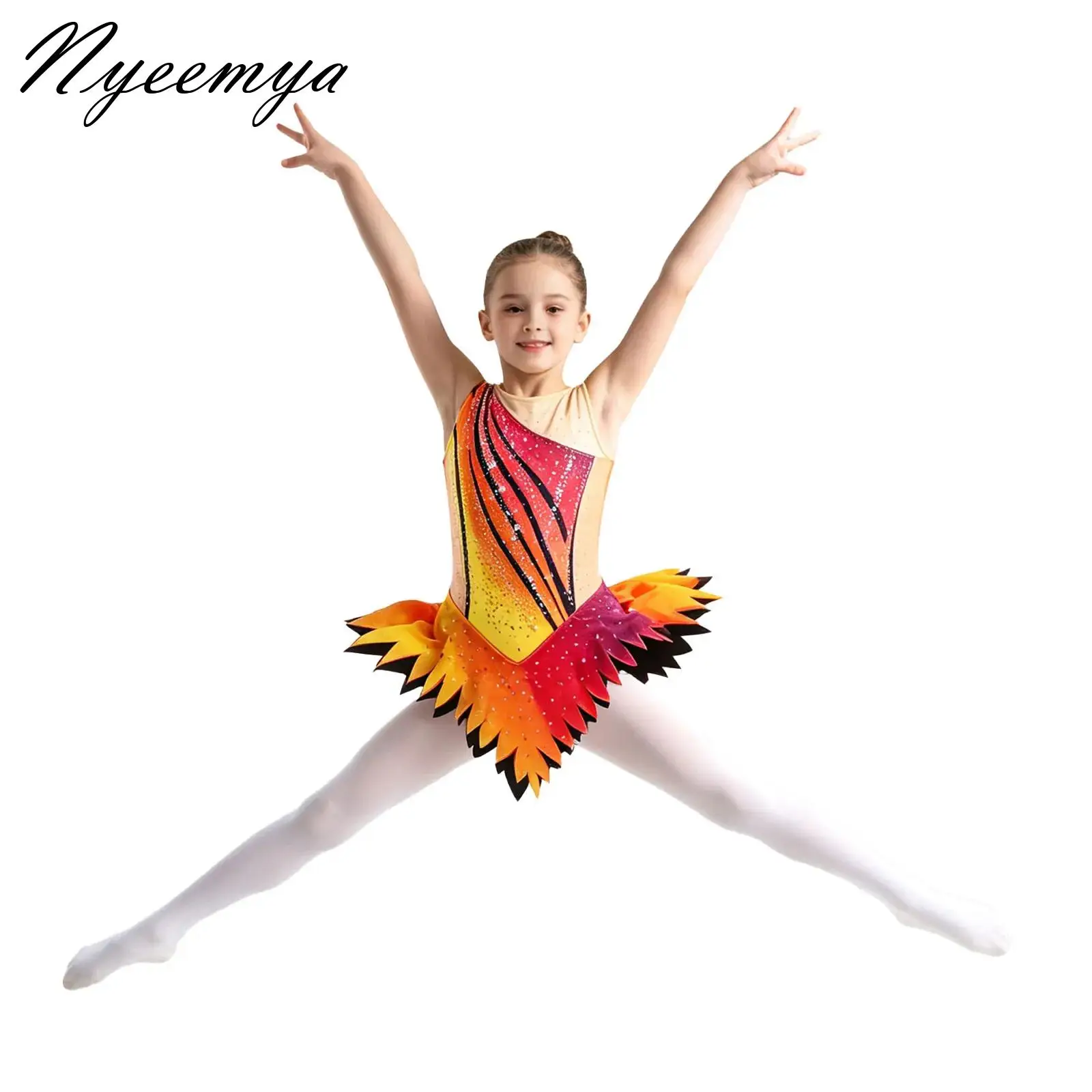 Figure Skating Leotard Dress Kids Girls Performance Competition Skirt Sleeveless Rhinestone Gymnastics Ballet Modern Dancewear