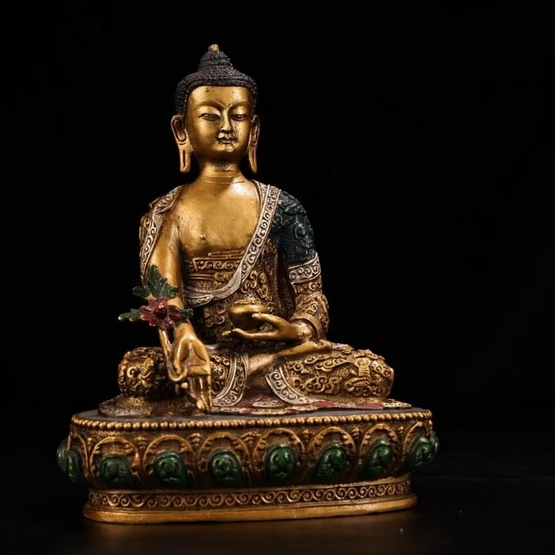 22cm Tibetan Buddhism Gilt Painted Medicine Buddha Statue Healing Buddha Altar Worship Feng Shui Home Decor