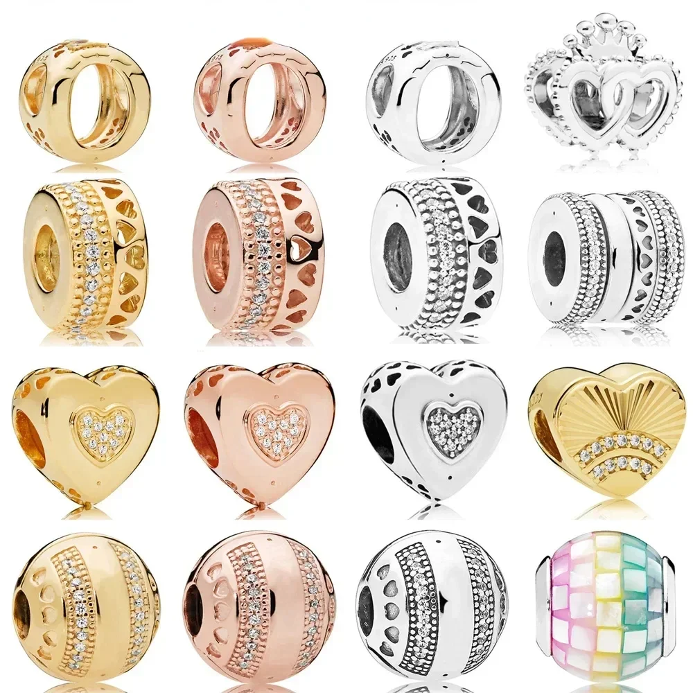 

2019 NEW 100% 925 Sterling Silver Signature Crown Heart Round Charm Shine Gold Clear CZ Bead DIY Bracelet Original Women Jewelry