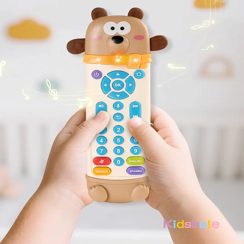 赤ちゃん向け漫画動物テレビリモコン型ハンドグリップ、音楽付き3ヶ国語早期教育感覚玩具、幼児用睡眠おもちゃ