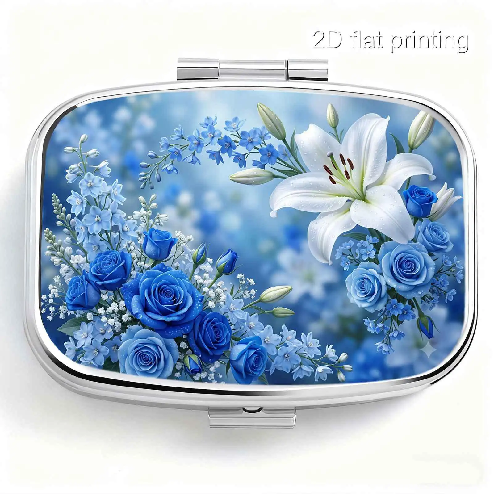 Single-Pack, Flat-Printed, Portable Mini Double-Compartment Pill Box, with Clear Blue Rose and White Lily Fresh Floral Bouquet Print, Travel Medicine Storage Box, Sealed and Moisture-Proof, Capsule Vitamin Storage Box, Portable Small Pill Box