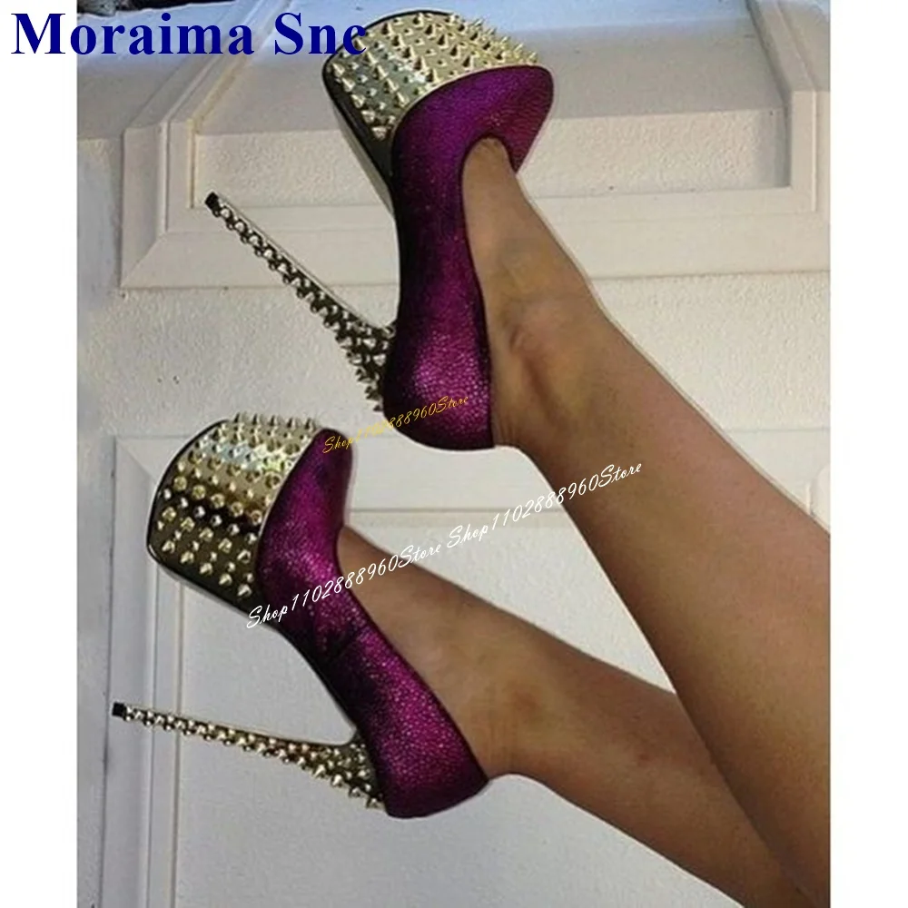 Bling Purple Glitter Rivet Platform Pumps Thin High Heel Shoes For Women Slip On Round Toe 2024 Fashionable Zapatos Para Mujere