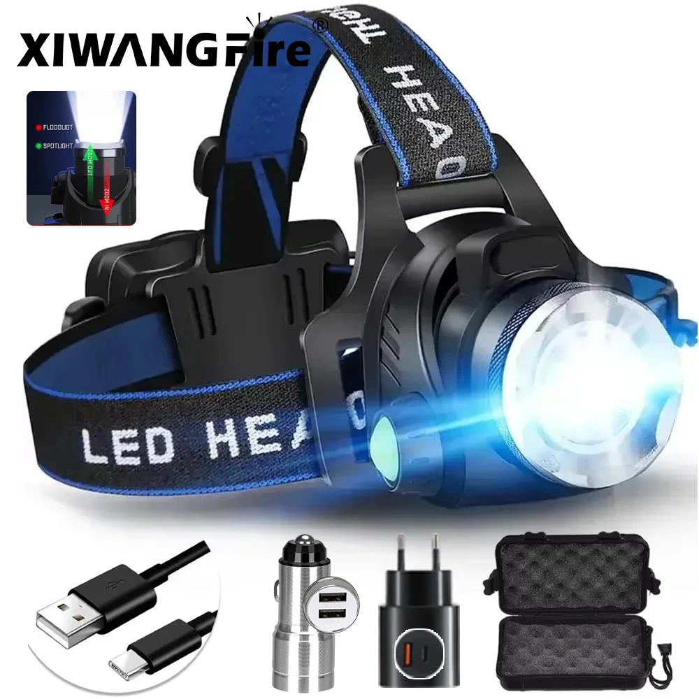 XIWANGFIRE T6 LED 헤드램프, 밝은 힐램프, 긴 지구력 램프, 충전식 3 가지 모드 토치 줌 낚시 작업 랜턴, 18650 