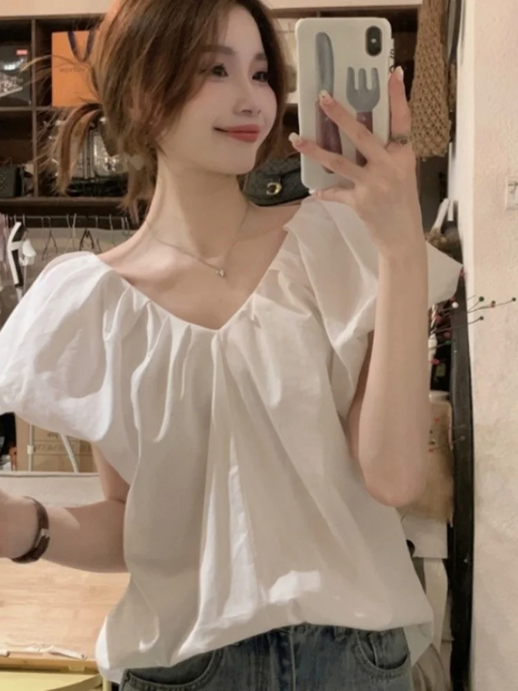Csa blanca suave con mangas de burbujas para mujer, Top pado con cuello en V y espalda descubierta, estilo informal, ho...