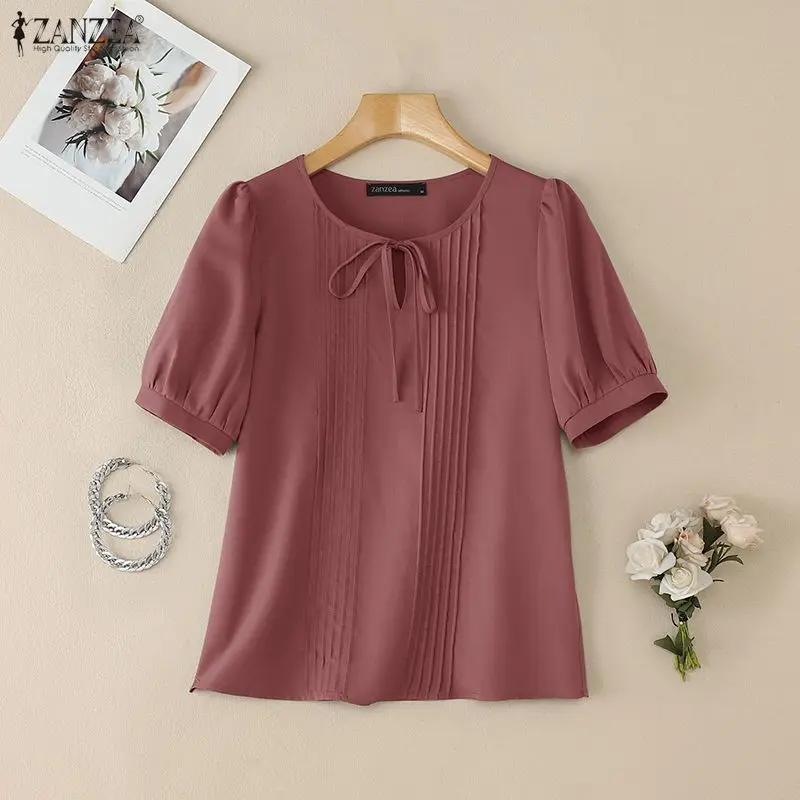 

Элегантные женские блузки ZANZEA с короткими пышными рукавами, с круглым вырезом и шнуровкой, однотонные топы, летняя повседневная женская одежда, 3XL