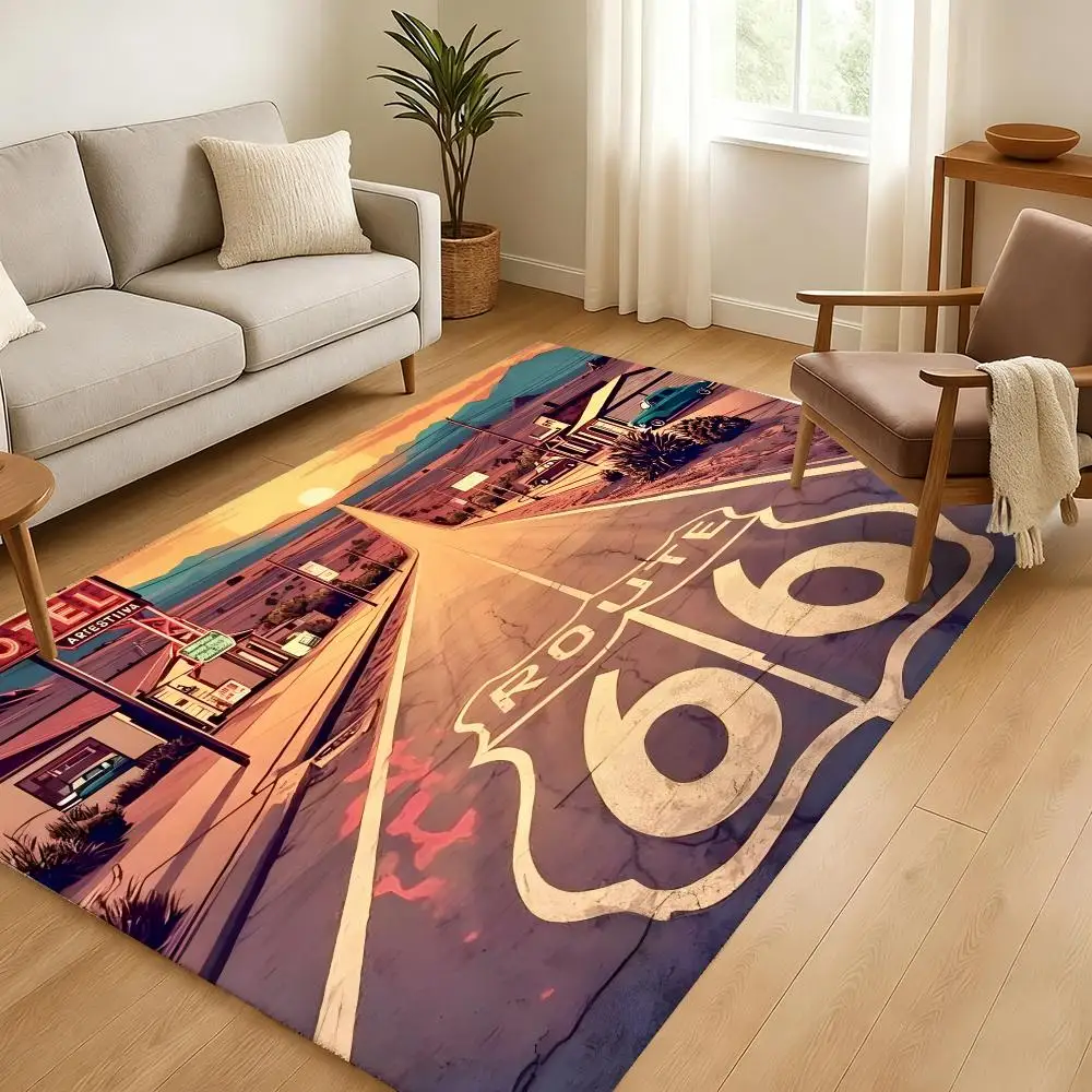 ROUTE 66s Vintage Fans Floor Mat Soft Thickened Absorbent Non-Slip Bedroom Living Room Door Mat Home Decor Flannel Rugs