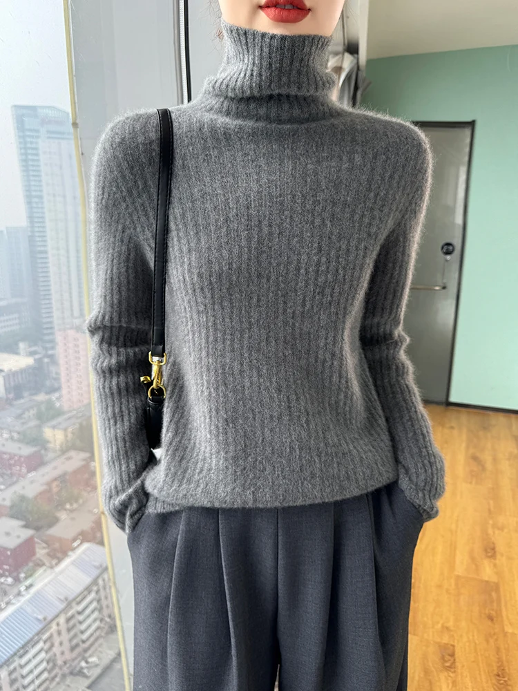 

Autumn Winter 100% Merino Wool Knitwear Women's Turtleneck Solid Color Basics Pullover Office Lady Thick Soft Warm Sweater Tops