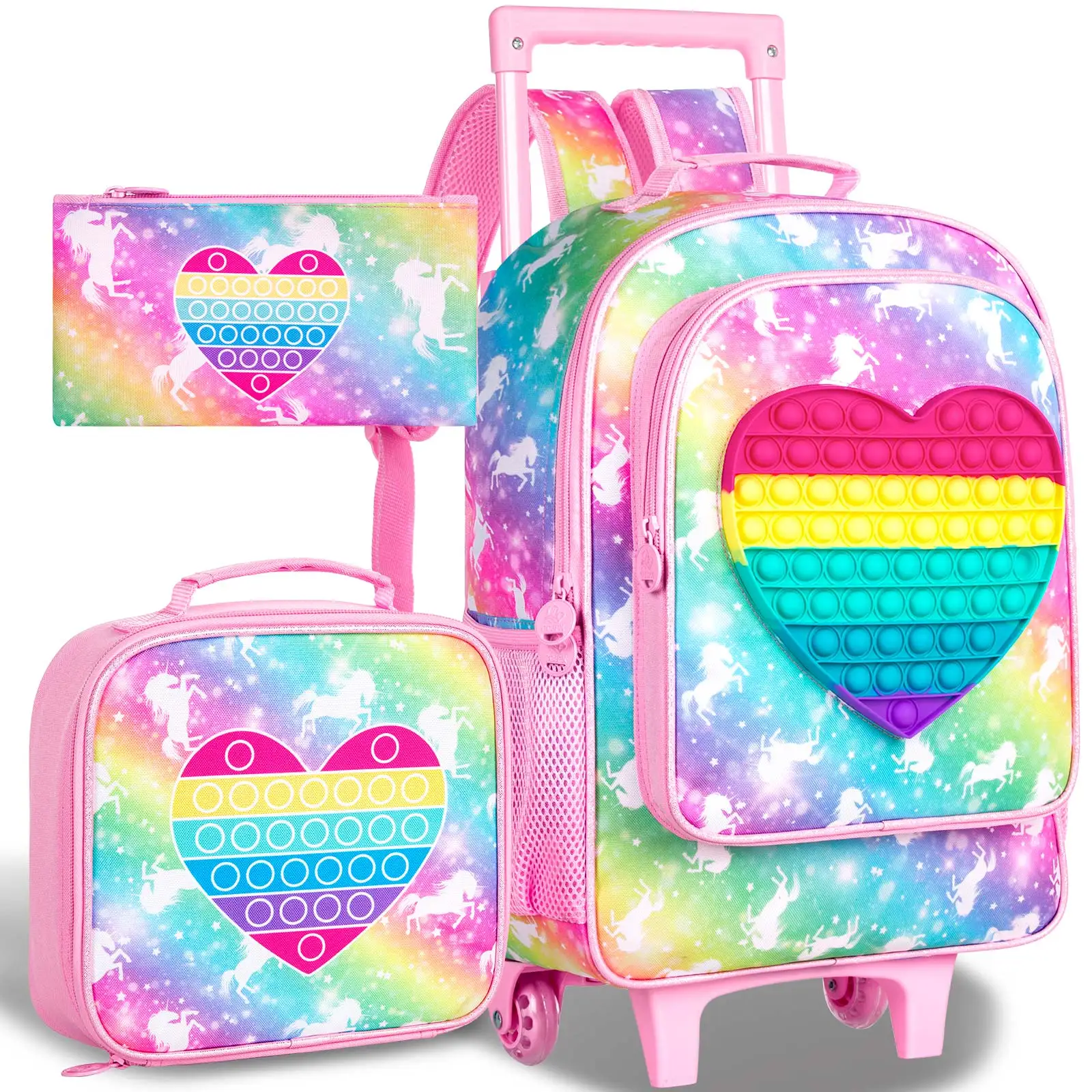 

3PCS Kids Rolling Backpack for Girls, Unicorn Sequin Roller Wheeled Bookbag Toddler Elementary School Bag with Wheels