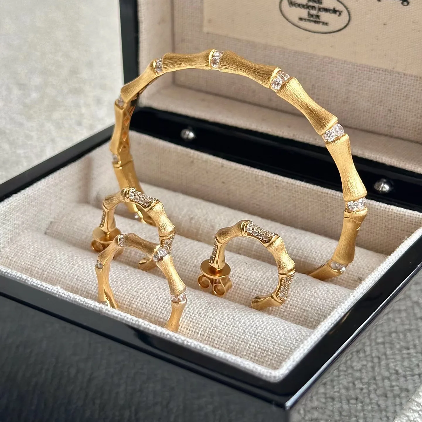 Exquisite Italian Antique Elegant Bamboo Ring Earrings Bracelet Jewelry Set