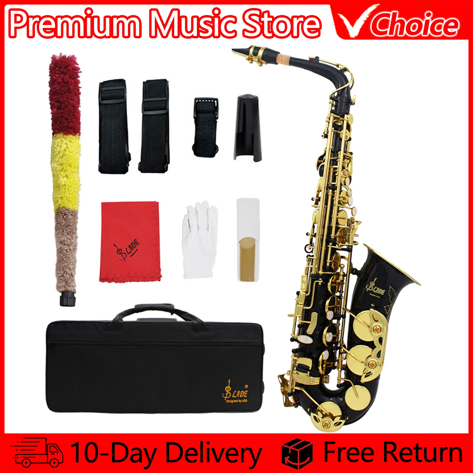 SLADE Alto Saxophone Brass Eb Flat Key Type Saxophone Black Gold Woodwind Instrument with Case Strap Glove for Beginners Adults