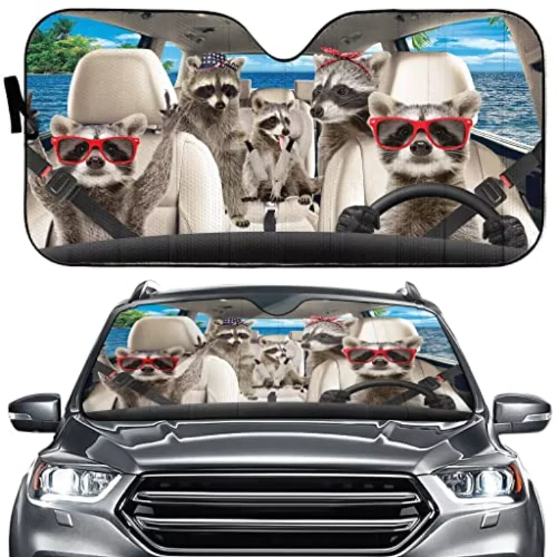 Cute Raccoons Driver Sun Shade Vehicle Shield Car Reflector,Pet Anti-Sunlight Auto Front Window Windshield Funny Animal Automoti