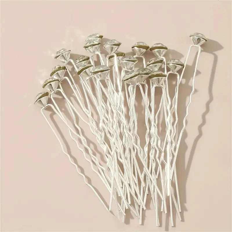 20 Pcs/Set Bridal Headwear Pins Luxurious Diamond Inlaid Rhinestone Hairpin Fashionable Sweet U-shaped Curly Hair Fork Hair Clip