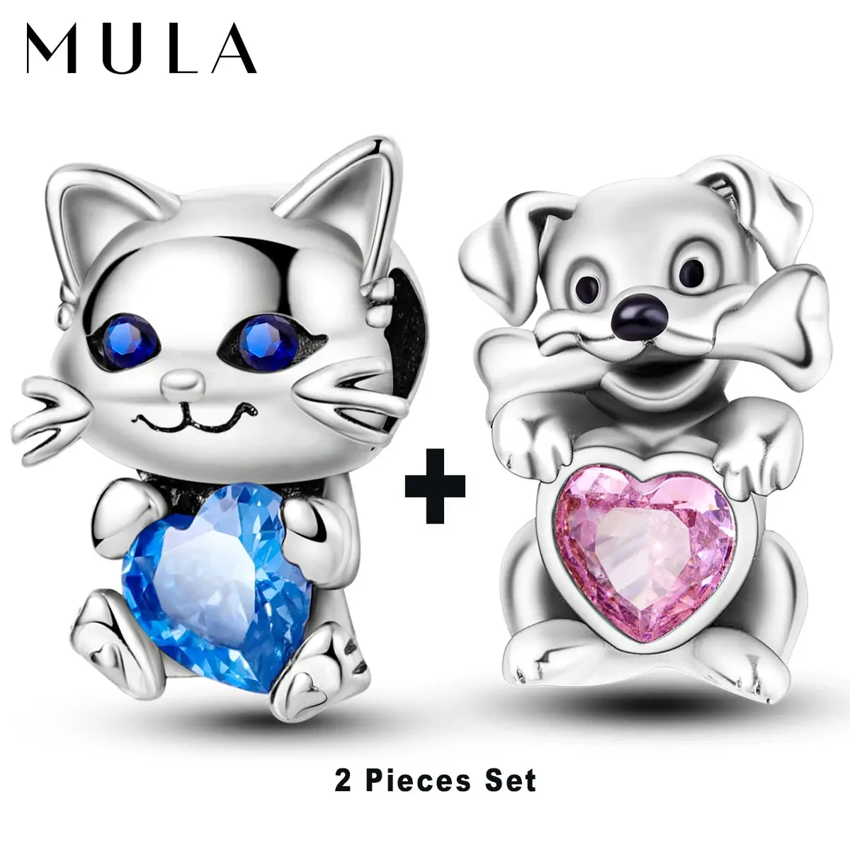 MULA 2pcs Set Silver Plated Cute Dog and Cat Bead Fit Original Charm Bracelet Making Fashion Jewelry Gift