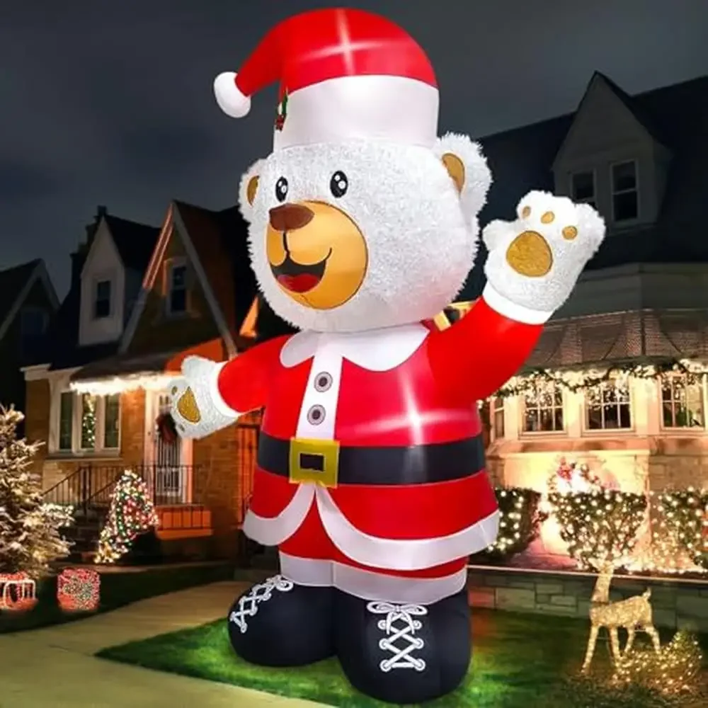 Christmas Inflatable LED Light Fluffy Bear Xmas Cute White Bear Blow Up Plush Fabric Material Easy Install Strong Holiday