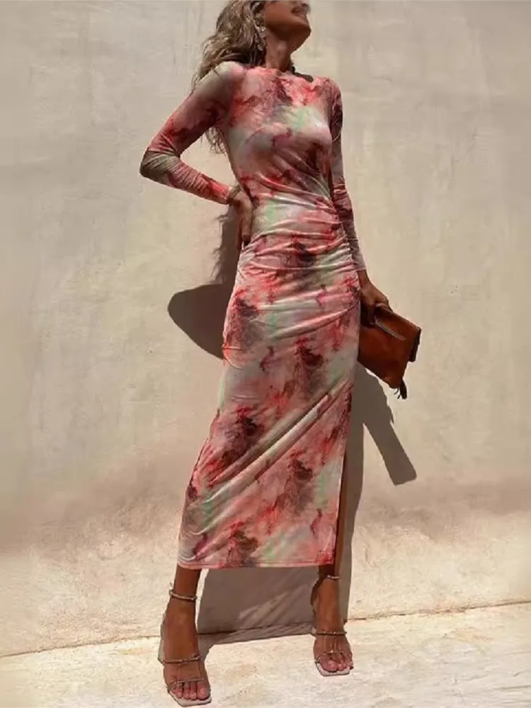 

Women's Spring Summer New Fashion Mesh Sexy Print Slim Fit Elastic Long Sleeved Hem Slit Tight Fitting Dress