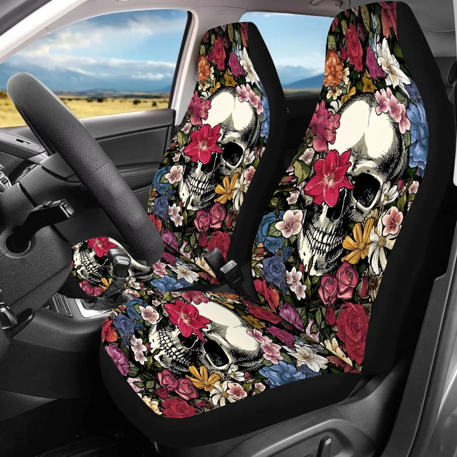 

2 шт. красочные чехлы на автомобильные сиденья с цветочным принтом черепа для женщин и мужчин, универсальная защита переднего сиденья для автомобилей, внедорожников, седанов и футболов