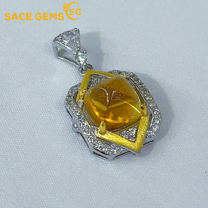 

SACE GEMS S925 Sterling Silver Certified 9*9MM Natual Citrine Pendant Necklaces for Womne Engagement Cocktail Party Fine Jewelry