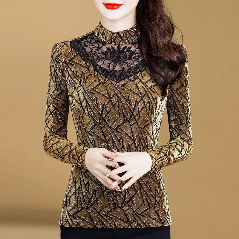 

2023 New Autumn and Winter Fashion Foreigner Gold Velvet High Neck Panel Lace Print Thickened and Velvet Fit Underlay Shirt