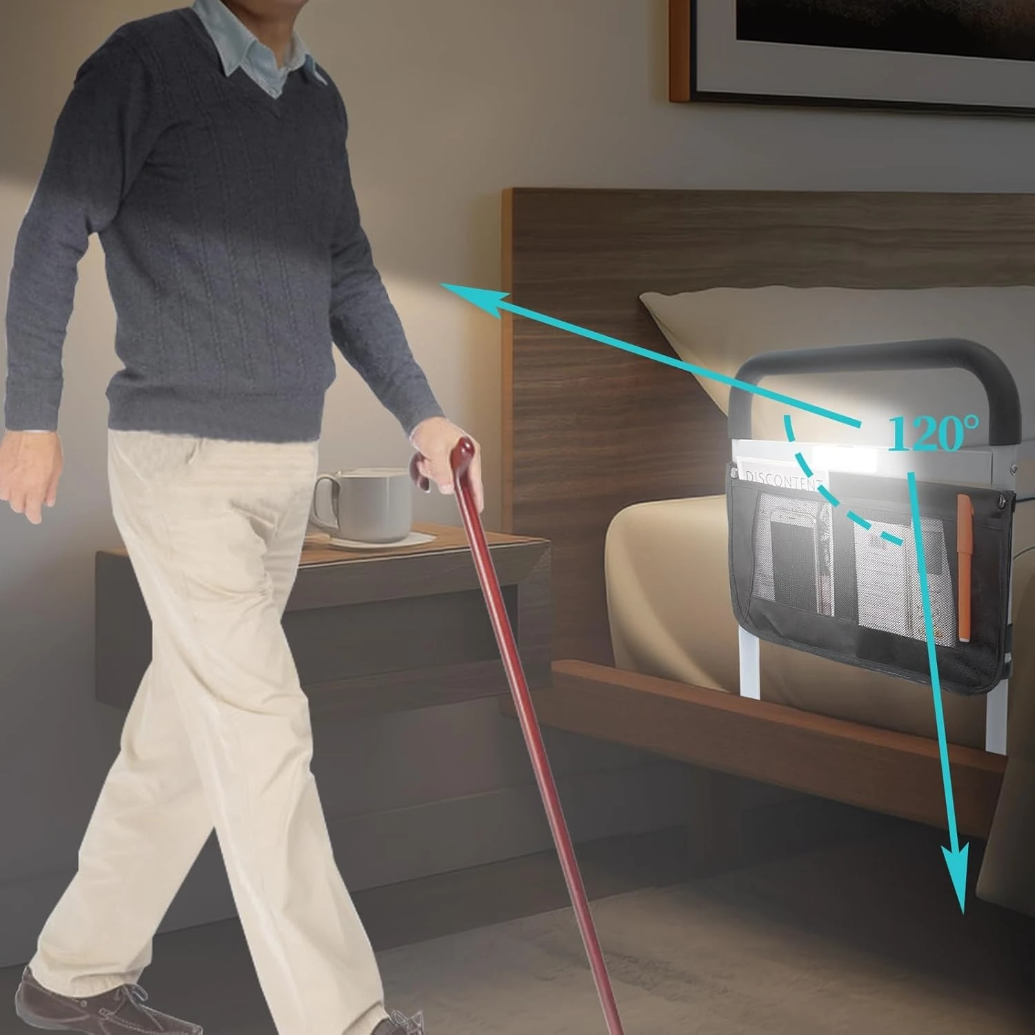 Bed Rails for Elderly Adults Safety with Adjustable Heights Storage Pocket Assist Support Side Railings Seniors Slides