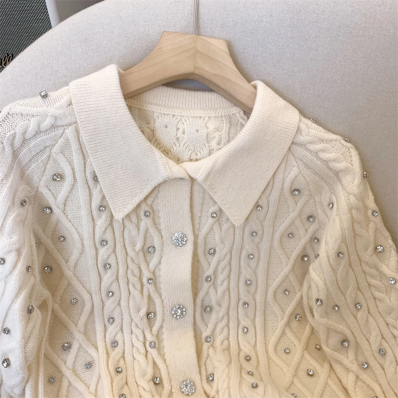 Diamonds Sweater For Women Knitted Cardigan Tops Solid Elegant Stylish Chic Knitwear 2024 Autumn Single-breasted Ladies Jumpers