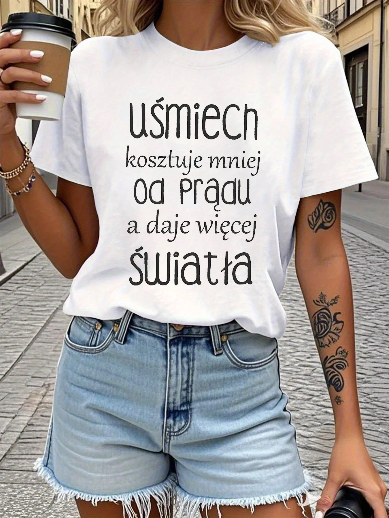 

Women's Short Sleeve T-shirt uśmiech kosztuje mniej od Prądu Polish Letter Print Casual Daily For Summer & Spring